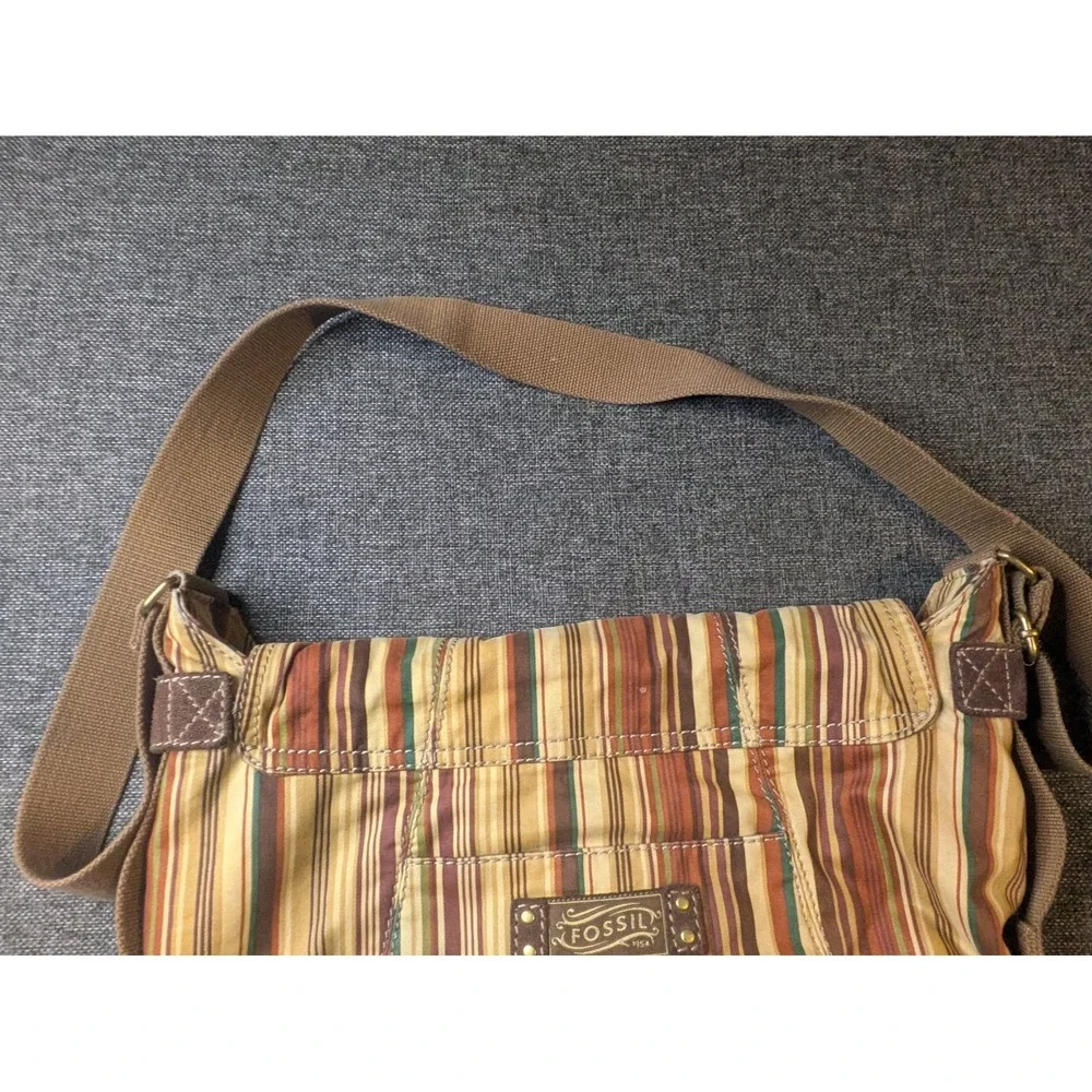 Vintage Fossil Crossbody Bag Multicolor Pockets Striped Boho Canvas Strap Purse
